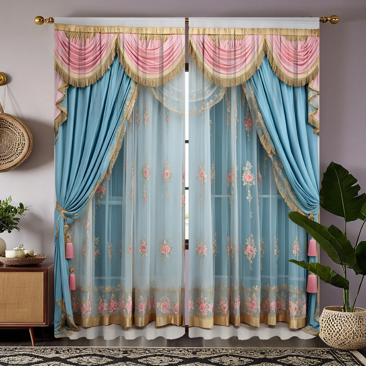 2pcs set HD Gold Lace Pink embroidery decoration simulation window curtain curtain Blue tie digital printed curtain Home Deco 2