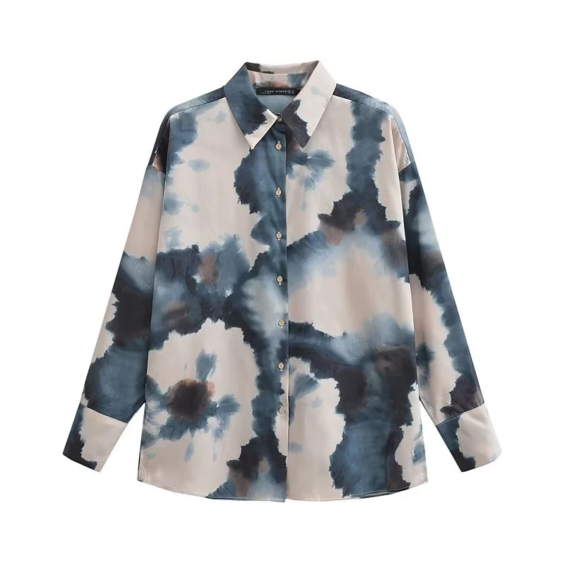 

Женская хлопковая рубашка с принтом, однобортная Свободная Повседневная рубашка с отложным воротником и длинным рукавом, лето 2023