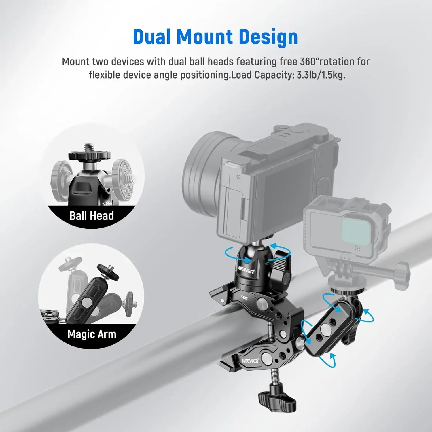 Super Clamp with 3-Inch Dual Ballhead Magic Arm Cold Shoe Phone Holder Action Ca
