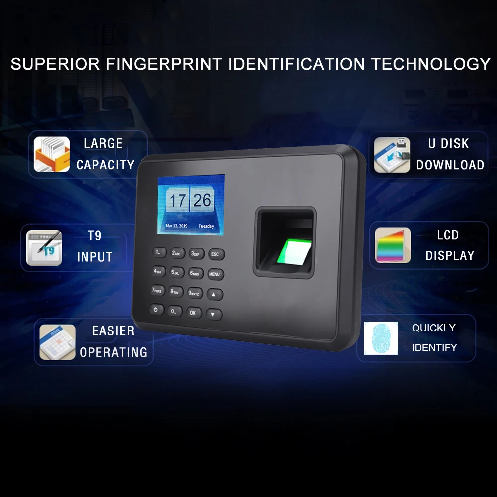 Intelligent Biometric Fingerprint Password Attendance Machine Employee Checking-in Recorder 2.4 inch LCD Screen DC 5V Time