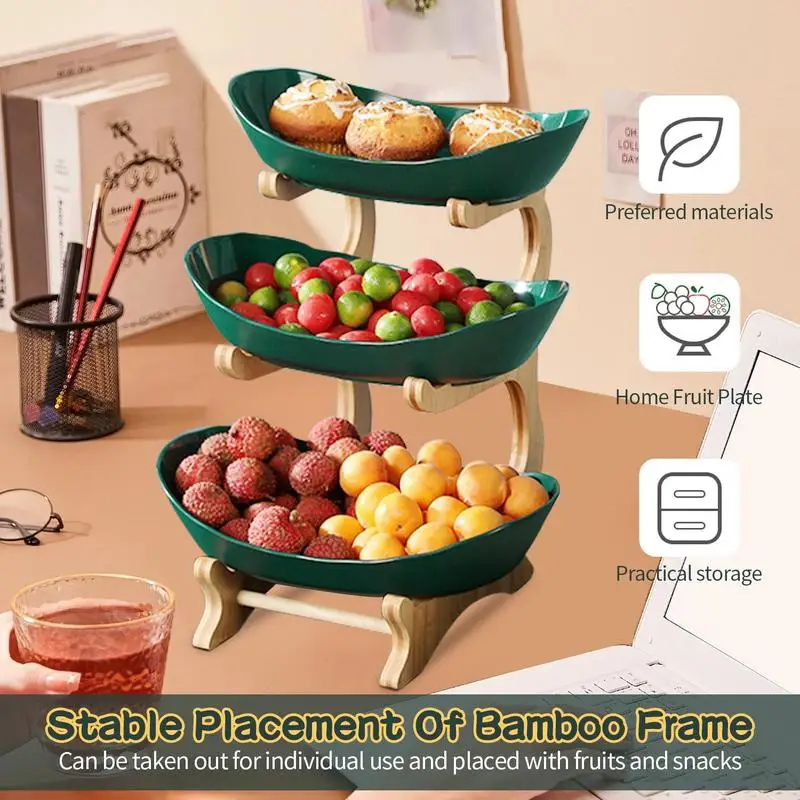 3 Tier Fruit Basket, 1 Count Large Capacity Tiered Fruit Basket Stand, Bamboo Fruit Basket Fruit Tray Snack Nuts Bread 5