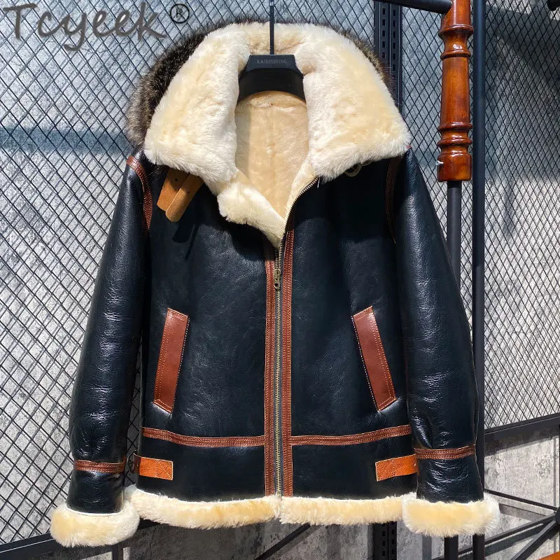 

Tcyeek Natural Fur Coat for Men Genuine Leather Jackets Real Fur Coats Thickened Hooded Jacket Flight Clothing Chaquetas Cjk096