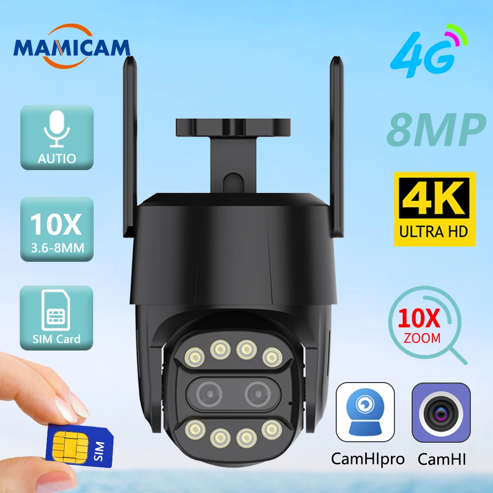 Ip Wifi Camera 4G Sim Card Ptz 8Mp Dual Lens 2.8Mm-8Mm 10X Zoom Outdoor Ai Human Tracking Visione Notturna Protezione Di Sicurezza Cctv