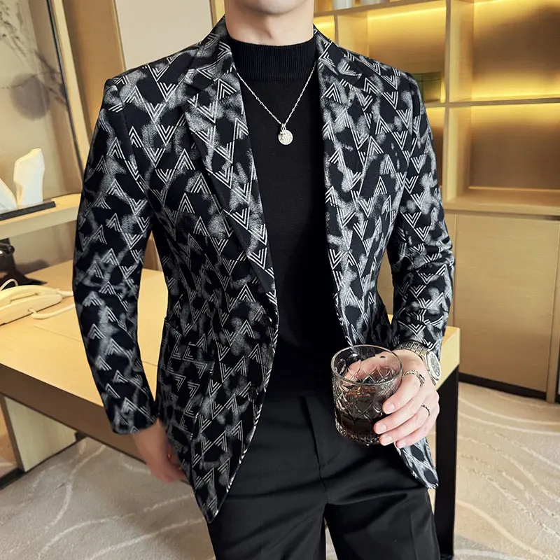 High Quality Denim Jacquard Suit Jacket for Men Slim Fit Business Men Blazers Fashion Casual Streetwear Social Dress Coats