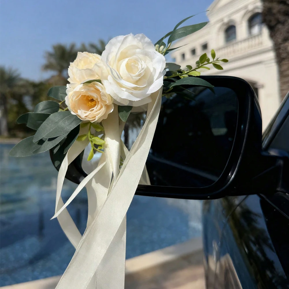 Künstliche Hochzeitsauto-Blumendekorationen, Weiße Rosen Autospiegel-Deko, Auto-Accessoire für Brautparty, Frisch Verheiratet, Feier