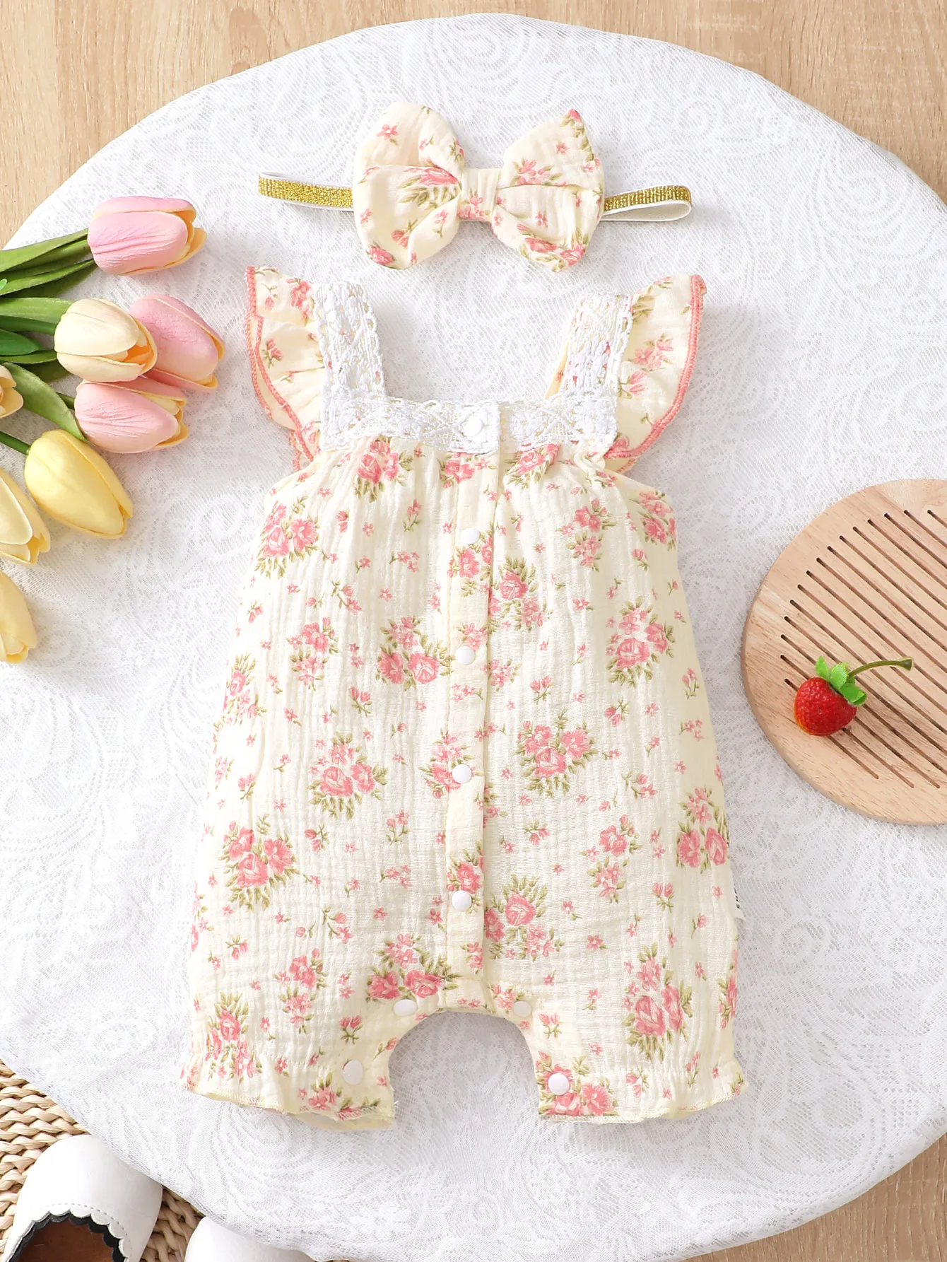 Foreign Style Square Collar Flying Sleeve Cute Sweet Baby Girl Child Onesie Summer Flower Print Breasted Ha Dress Bow Headband 1