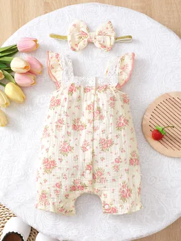 Foreign Style Square Collar Flying Sleeve Cute Sweet Baby Girl Child Onesie Summer Flower Print Breasted Ha Dress Bow Headband 1