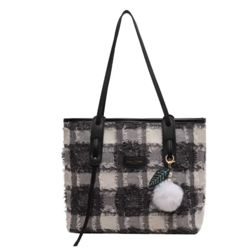 Black White Color Block Fringe Tote Bag Women Check Pattern Large Capacity Shoulder Bags Ladies Casual Commute Underarm Bag 2025