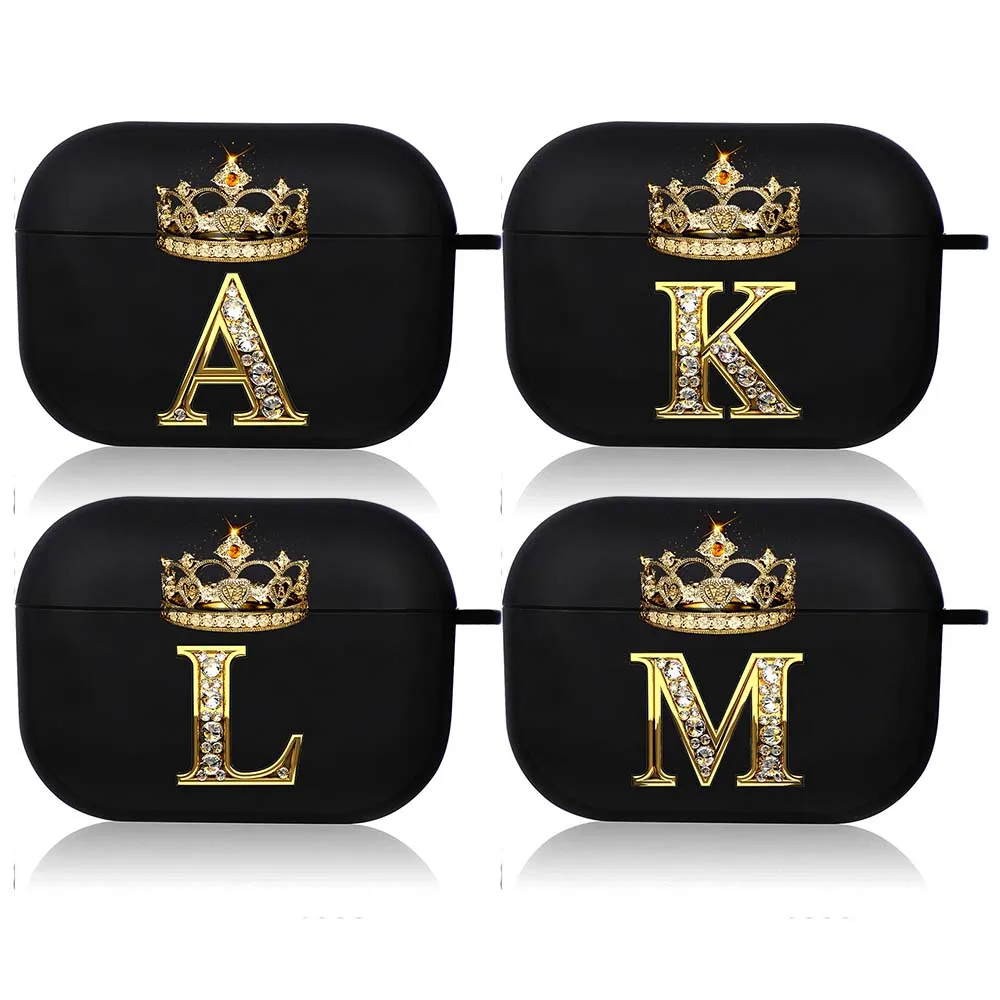 Diamond Crown Letter Airpods Custodia Per Airpods Pro2 3 2 1 Pro Black Wireless Bluetooth Auricolare Box Cute A-Z Cover