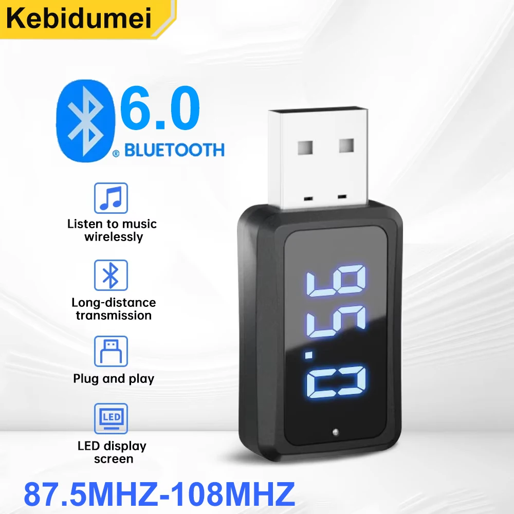 Car Bluetooth 6.0 Adapter FM Transmitter Receiver Handsfree Call Mini USB Wireless Auto Audio Adapter with LED Display