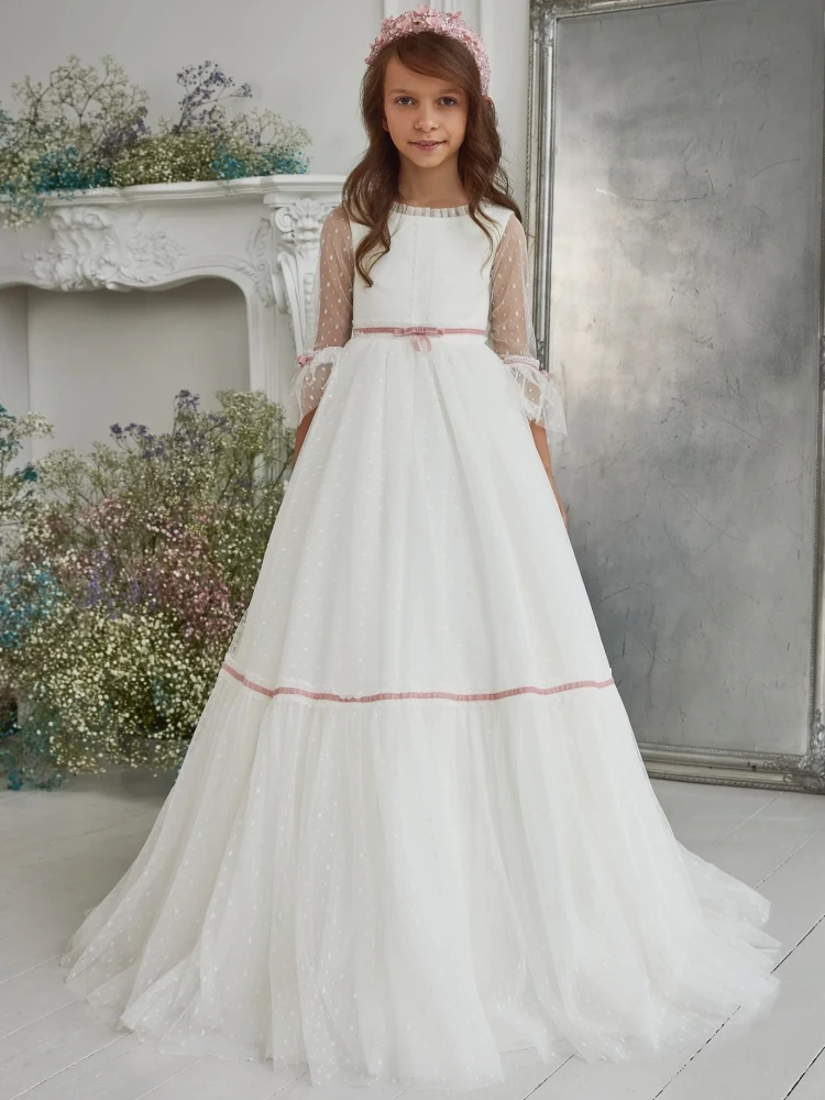 

White Flower Girl Dresses Tulle Polka Dot Skirt Long Sleeve For Wedding Birthday Party Banquet Princess Gowns