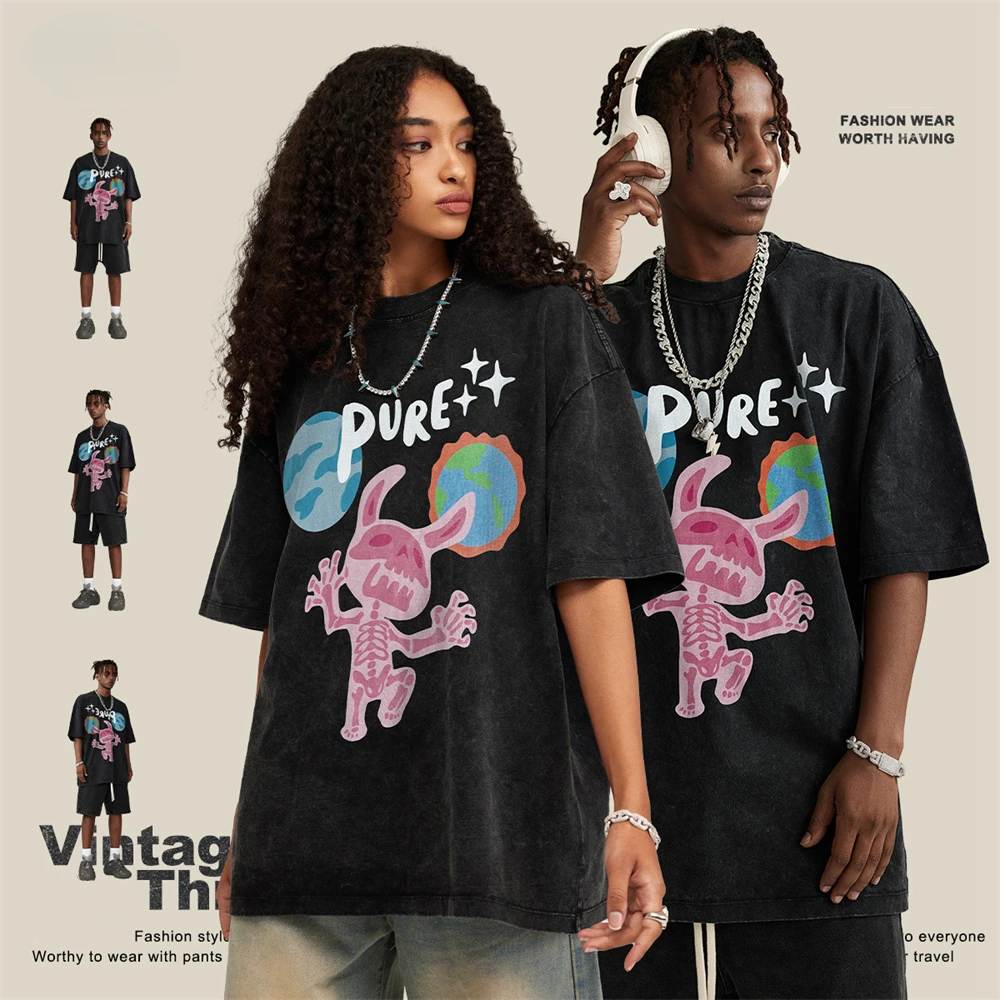 

Новые летние футболки из мытого хлопка для мужчин, футболки унисекс в стиле High Street с принтом скелета кролика HY0609