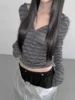 Casual Striped Breasted Long Sleeve Hooded T-Shirts Women Design Slim Fit Simple Fashion Blouses 1