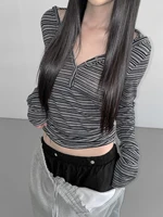 Casual Striped Breasted Long Sleeve Hooded T-Shirts Women Design Slim Fit Simple Fashion Blouses 1