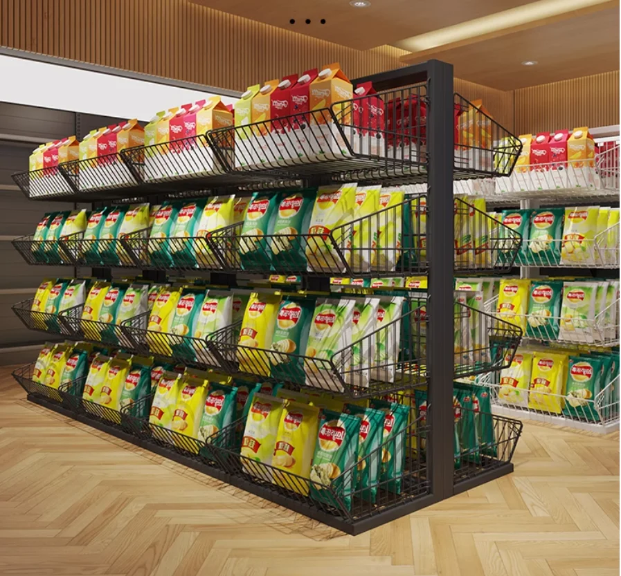 

Supermarket multi-layer diagonal basket storage rack Food snacks bread shelf display rack stack cage net basket