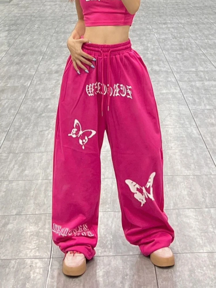 ADAgirl PInk Y2k Women's Sports Pants Streetwear Baggy Bufferfly Pattern Kpop Wide Leg Trouser Hip Hop Casual Sweatpants Female adagirl harajuku star pattern jackets women y2k streetwear coats gorpcore outdoor oversized vintage girls tops trending product