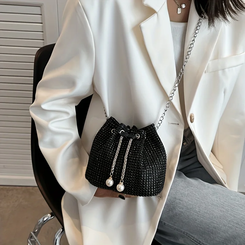 Ladies' shiny drawstring crossbody bag, bucket-shaped handbag, multi-functional, available in 5 colors: green, gold, silver, bla 4