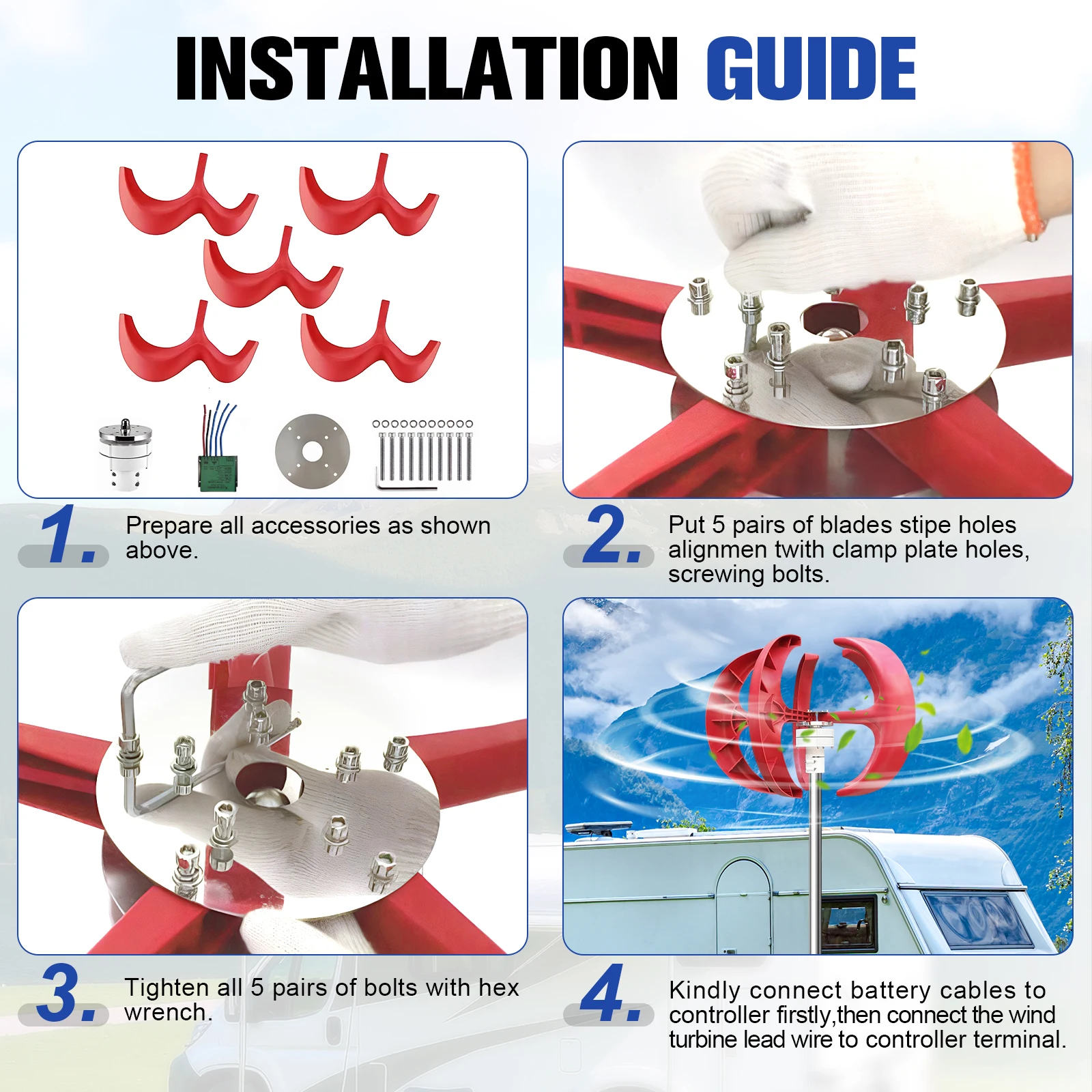 12V Renewable Energy Generator with Controller Wind Turbines Hybrid Wind Solar Motors Rust Proof for Fishing Boat Terrace Cabin