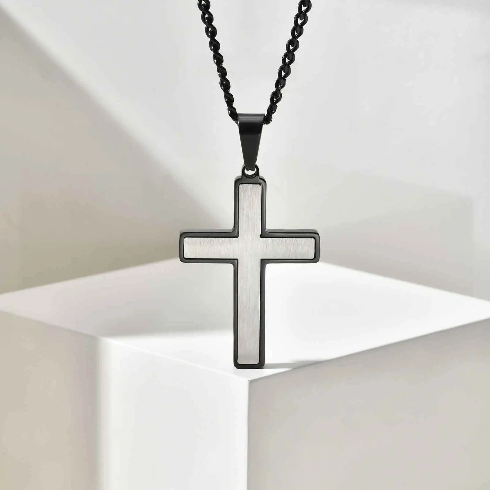 Simple Cross Necklace for Men, Stainless Steel Silver Black Color Cross Pendant Necklaces,Length 60CM 24Inch