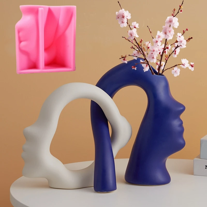 Large DIY Creative Abstract Face Vase Resin Silicone Mold Art Couple Face Vase Concrete Cement Gypsum Molds Valentine's Day Gift
