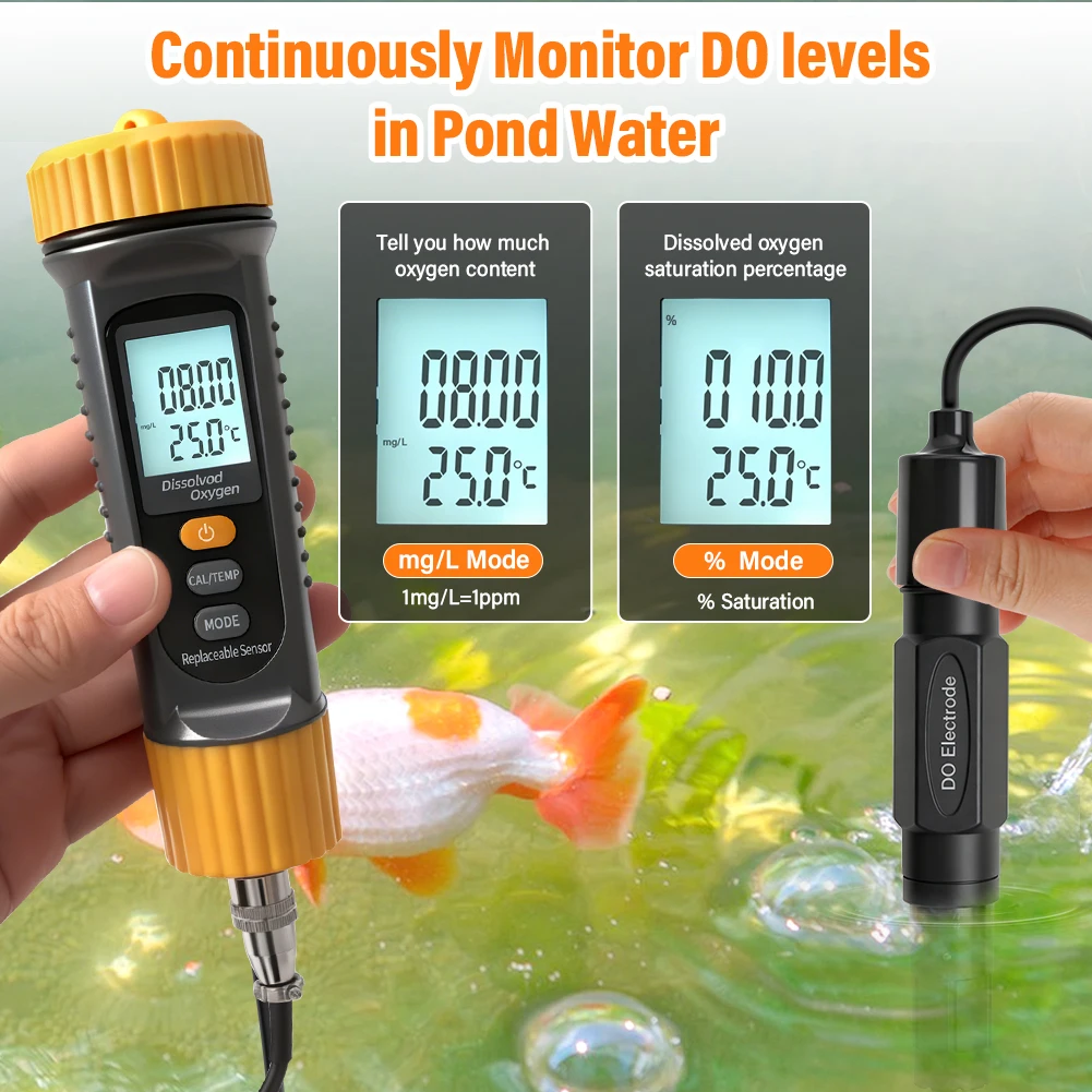 Portable Dissolved Oxygen Meter DO Tester with Replaceable Probe ATC 0-20mg/L Wa