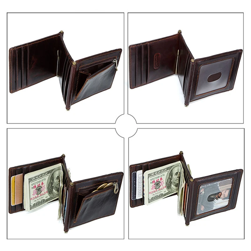 CONTACT'S Genuine Leather Money Clip RFID Card Wallets for Men Luxury Brand Zip Coin Purse Trifold Slim Cash Holder Men's Wallet