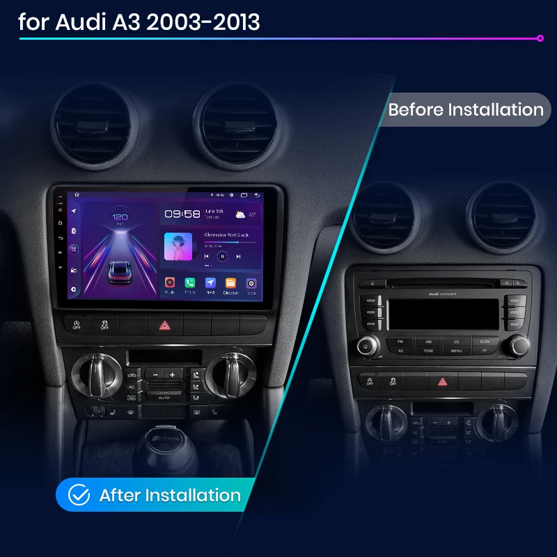 2G 64G Draadloze Carplay Android 13 Autoradio 2 Din voor Audi A3 S3 RS3 8P 8VS 8PA 9 inch Autoradio met Android Auto Navi GPS WIFI Mirror Link FM/RDS Radio DAB/OBD/DVR/EQ/SWC Achteruitrijcamera