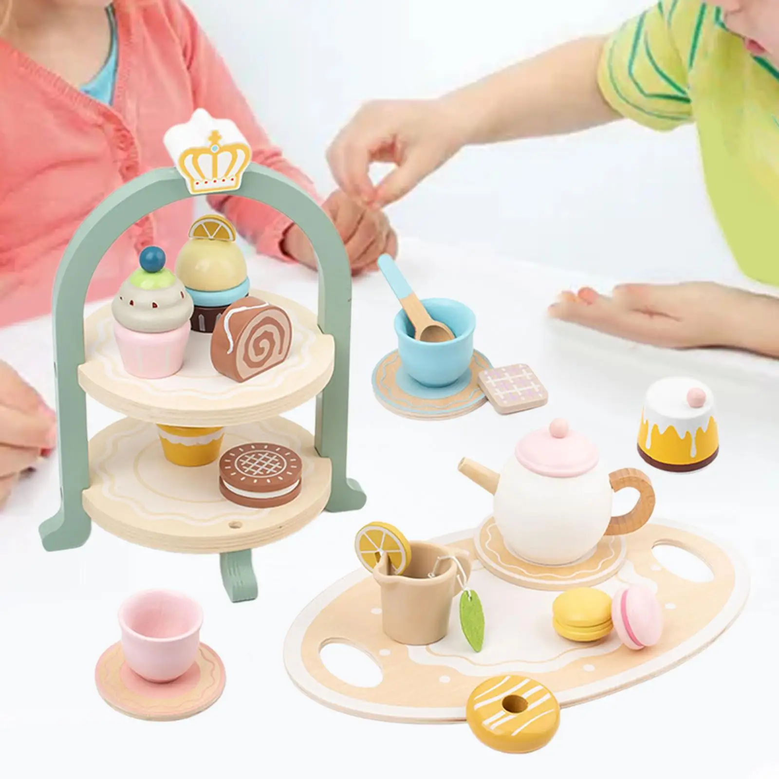 Kids Afternoon Tea Toy, Food Play Toys for Toddlers, Montessori Wooden Dessert
