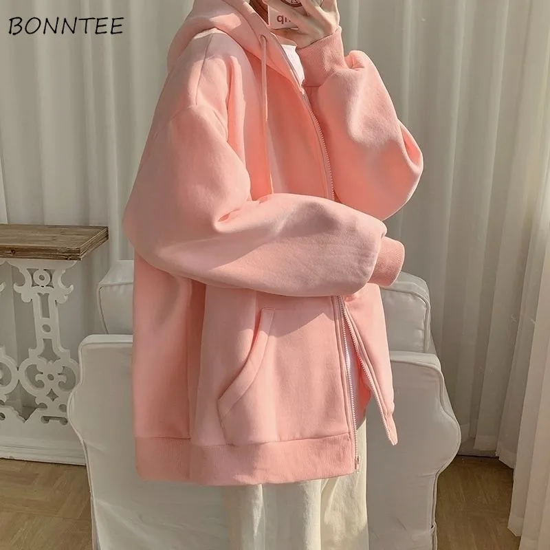 

Solid Hoodies Women Coats Sweatshirts Chic Zipper Autumn Winter Leisure Preppy Ulzzang Loose Baggy Charming Female Mujer