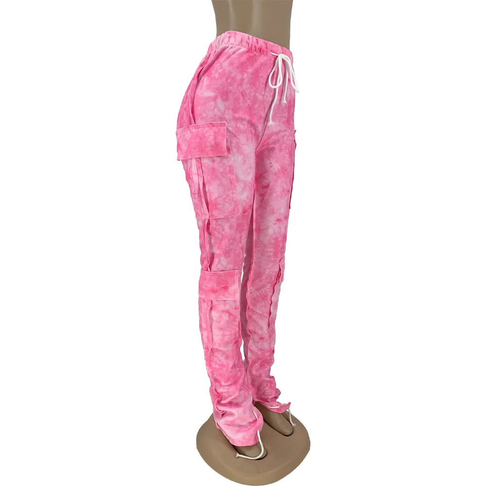Female Multi-Pocket Cargo Pants Fall Winter Tie Dye Fashionable Streetwear Wide Leg Trousers For Women