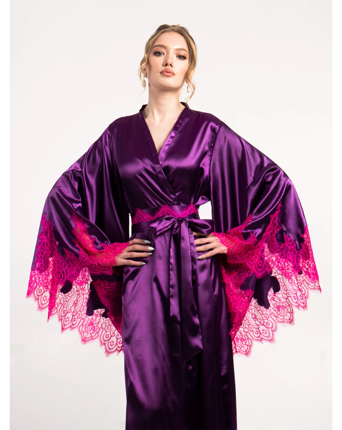 Elegant Purple Silk Women's Nightwear Skin Friendly Comfort Pajamas Flare Lace Sleeves Housecoat Sleepwear Size Customized