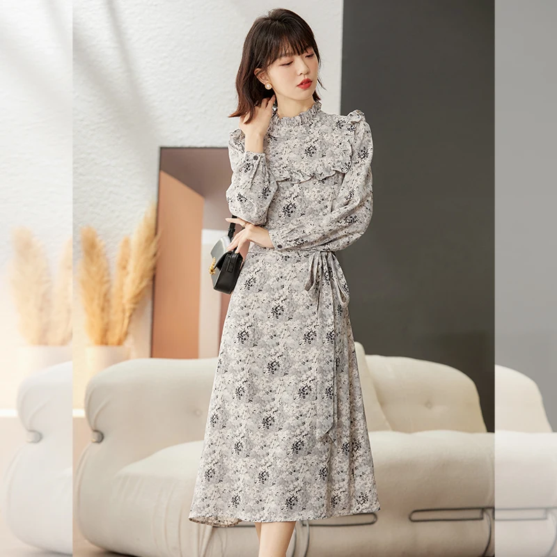 

Женское элегантное платье средней длины, элегантное винтажное нежное платье с цветочным принтом во французском стиле, с воротником-стойкой и длинным рукавом, модель B2122 на осень, 2023