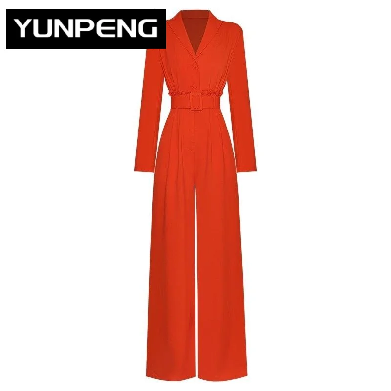 

Dresses For Women 2023 Runway Luxury Summer Jumpsuits Women Turn-down Collar Long Sleeve Belt Ruffles Pockets Wide Leg Pants