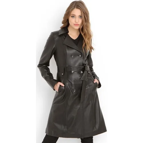 Женская Длинная черная кожаная