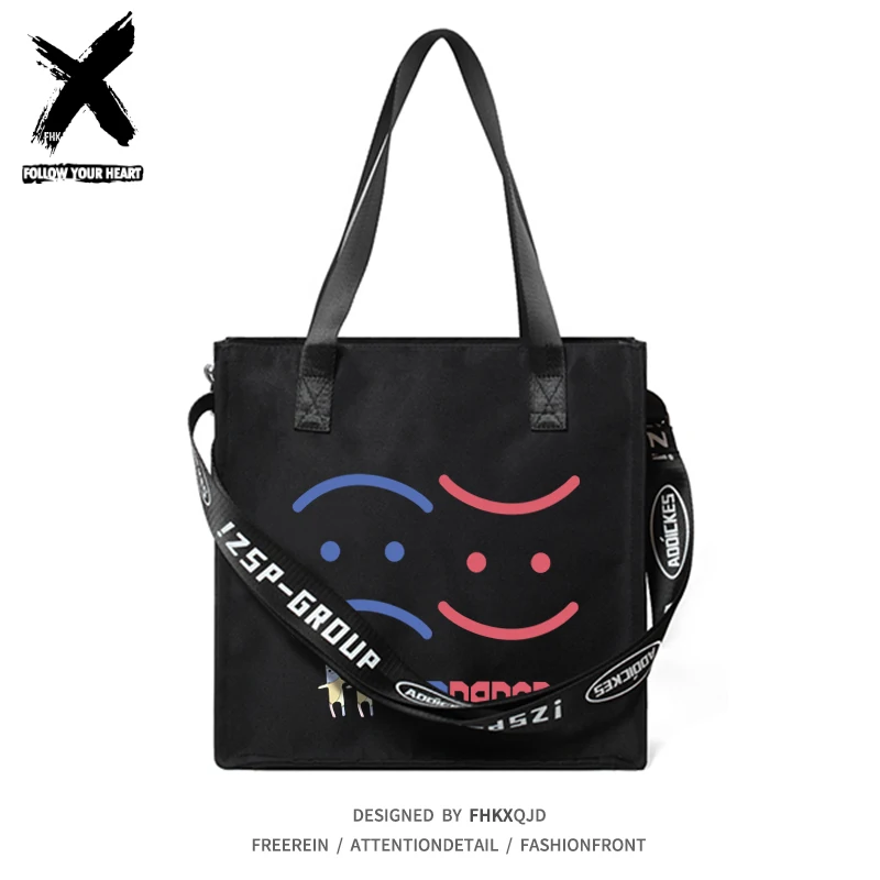 

New Thailand Stars Drama BadBubbySeries OHM NANON PAT PRAN Handbag Smiley Cartoon Shoulder Bag Satchel Black Canvas Bag