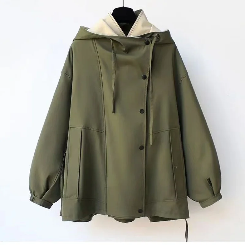 Autumn Chic Women's Windbreaker Contrast Fake Two-Piece Zip Button Wind Coat Belt Hoodie Casual All-Match Trend Outwear Jacket 5