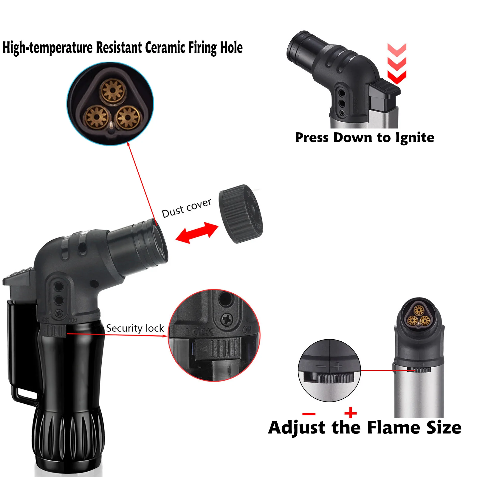 2pcs/Set Triple Jet Flame Torch Lighter Bend Head Design Refillable Butane Gas Jet 3 Flame Windproof for Gifts(Without Butane) butane gas lighter cigarette lighter