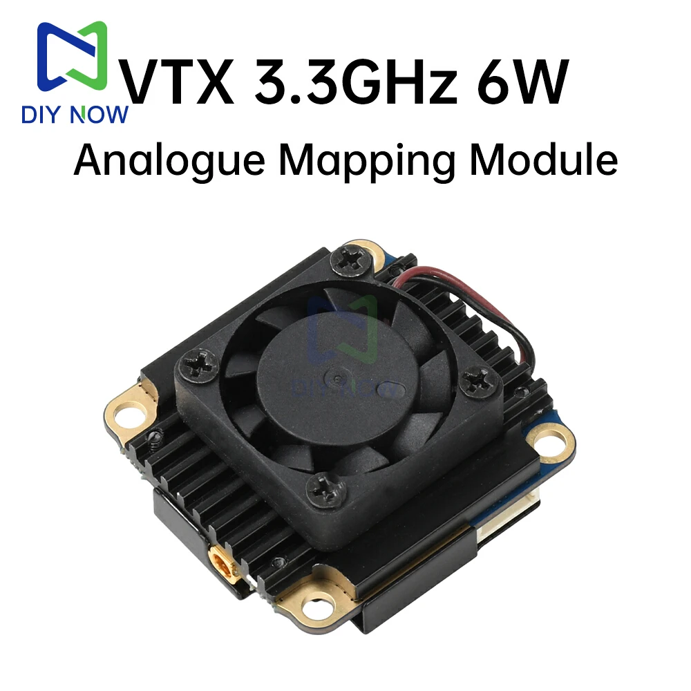Gros plan sur le module VTX du kit FPV 3.3GHz, avec connecteurs SMA et indicateurs LED de puissance.