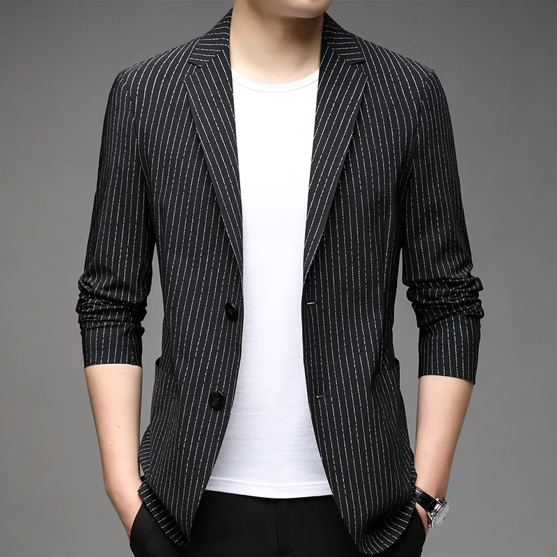 Men Blazer 2023 Spring and Autumn Trendy Striped Jacket New Fashion Casual Handsome Simple Male Suit Black Coat
