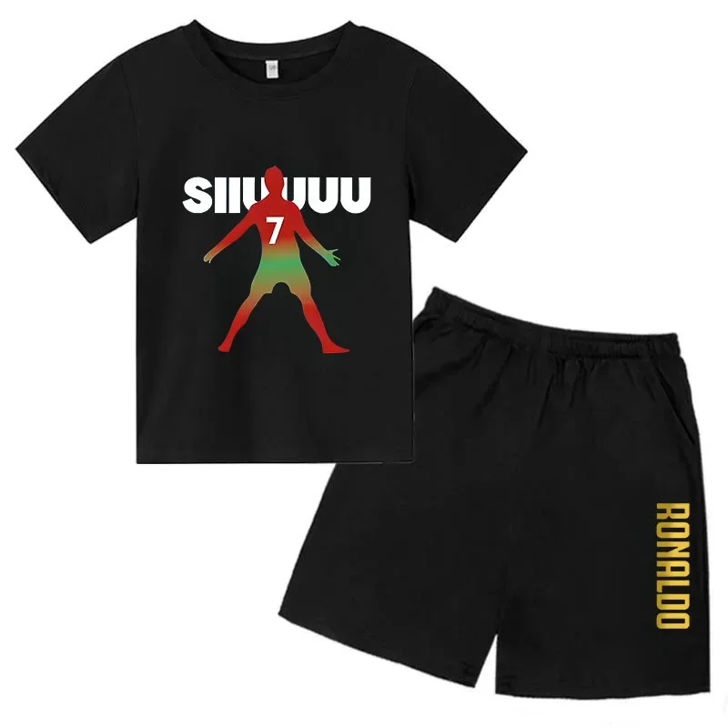 thumbnail image 1 of Conjunto de 2 piezas de camiseta y pantalones cortos de verano para niños y niñas, de algodón con estampado de marca para niños, ropa deportiva transpirable de manga corta para bebés y niños, 1 of 4