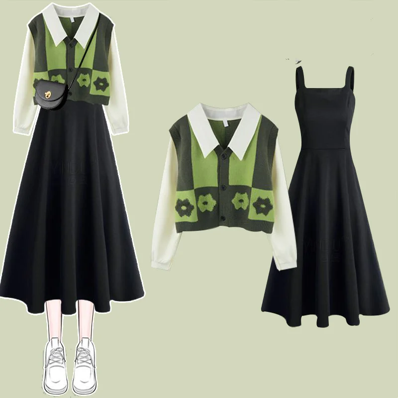 Spring Wear a Complete Set of 2024 New Fashion Age Reducing Vacation Two piece Top Paired with Strap Dress Two piece Set