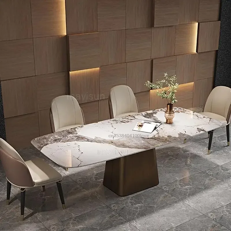 

Luxury Italian Marble Surface Metal Base Dining Table Rectangular Modern Morocco Square Dinner Table Chair Combination Furniture