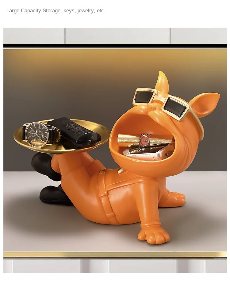 Bulldog Resin Figurine Ornament, Big Mouth Dog with Storage Tray, Candy, Key Storage Container Ornament, Tabletop Figurine