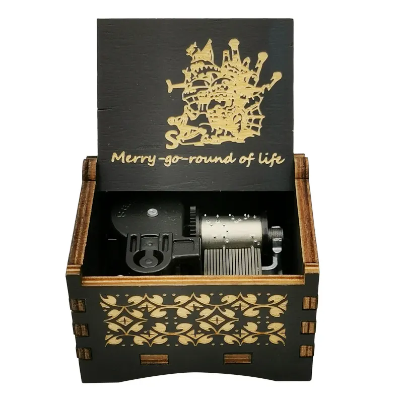 Howl's Wooden Music Box Moving Castle Laser Engraving Clockwork Type /Hand-operated Type Home Decoration Gift