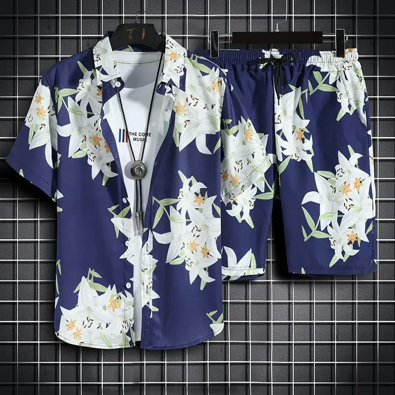 Men's Beach 2-Piece Quick-Drying Hawaiian Shirt and Shorts Set Men's Fashion Printed Beach Pants  Tracksuit Men  TracksuitShirts