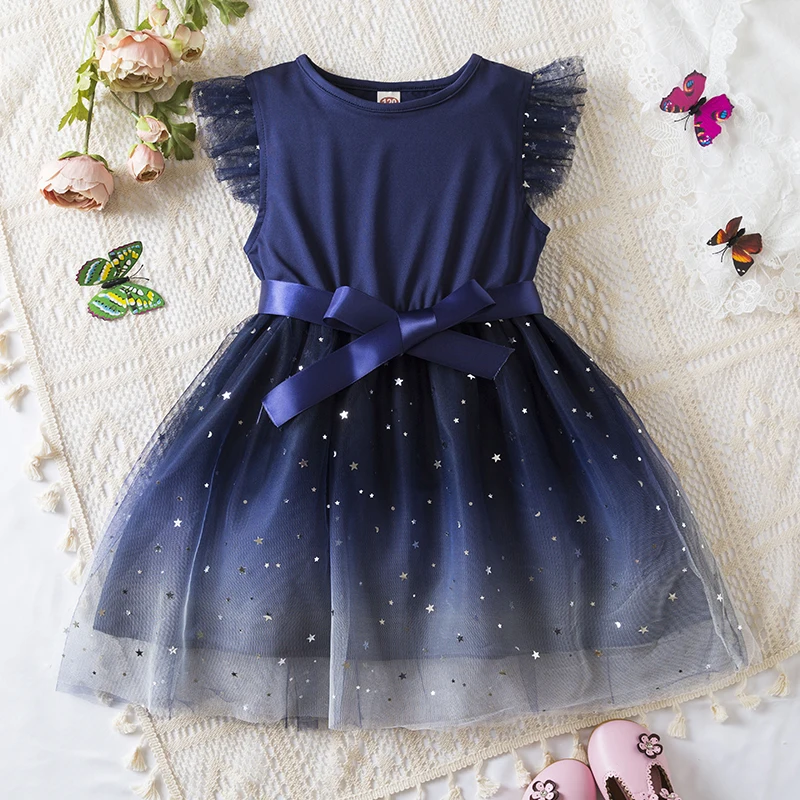 2025 New in Dress Solid Sequin Summer Dress 2 4 6 Years Kid's Princess Fly Sleeve Elegant Cute Birthday Party