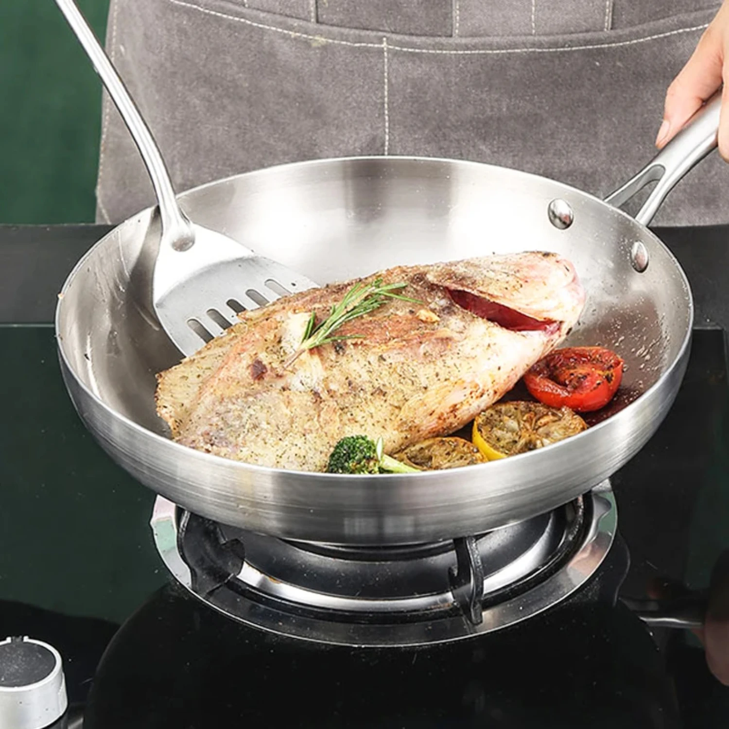 Frying Pan,Stainless Steel Frying Pot 28/30cm Uncoated Household Wok Suitable for Induction and Gas Hobs,Heat-Resistant Handle