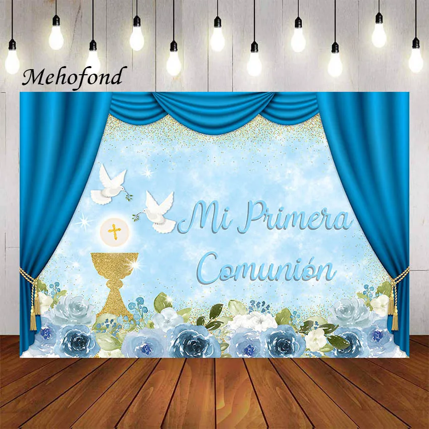 Mehofond Fotografia Sfondo Ragazzi Battesimo Mi Primera Comunion Battesimo Glitter Calice Blu Decor Sfondo Studio Fotografico