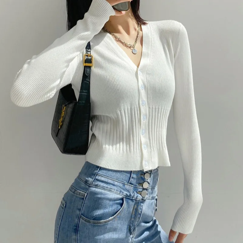 

2023 American Vintage V-neck Knitted Cardigan Women's Autumn/Winter Elastic Single breasted Sweater High Waist Short Top