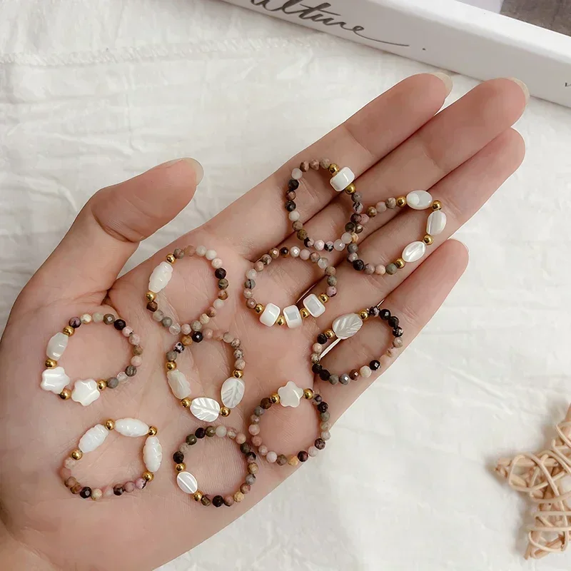 Finger Rings Classic Shell Heart Set Rhodochrosite Natural Stone Stainless Steel Beads For Women Birthday Wedding Girls